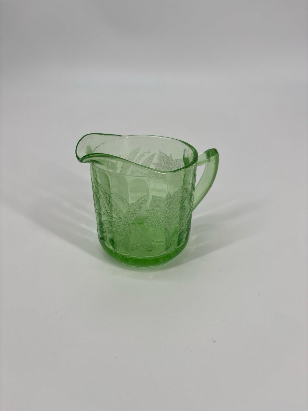 Jeanette Glass Depression Uranium Green Floral Poinsettia Glass Creamer